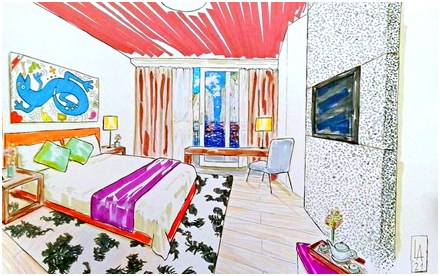 Manual rendering of hotel bedroom made with markers and colored pencils on A3 Canson paper